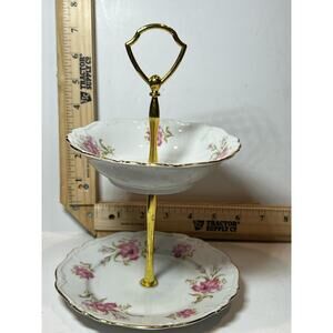 Vintage Edelstein Germany Shelley 2-Tier Porcelain Serving Stand Floral Gold